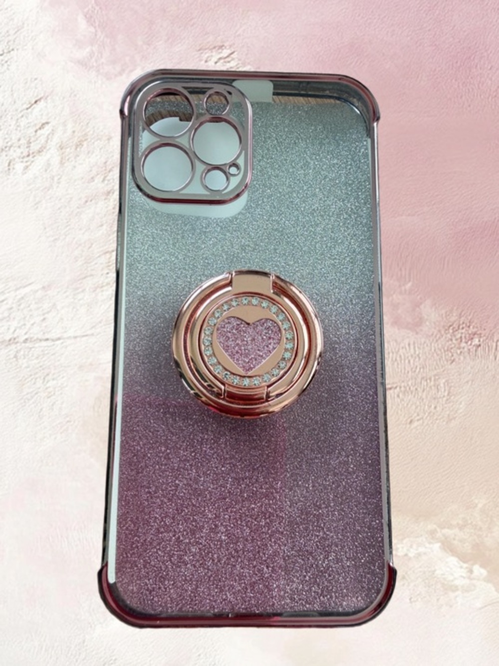 EUC GLITTER OMBRE PINK ROSE GOLD IPHONE CASE WITH HEART RING HOLDER/12 PRO MAX